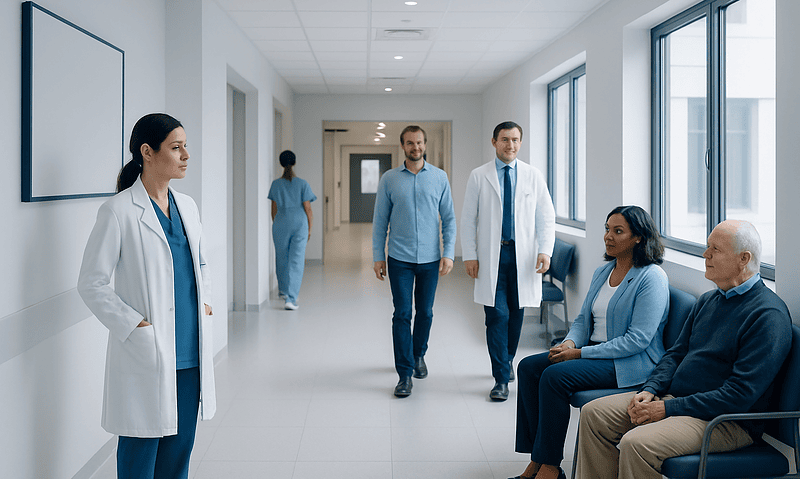 Medical team and patients in a hospital corridor at Acibadem Hospitals Group.