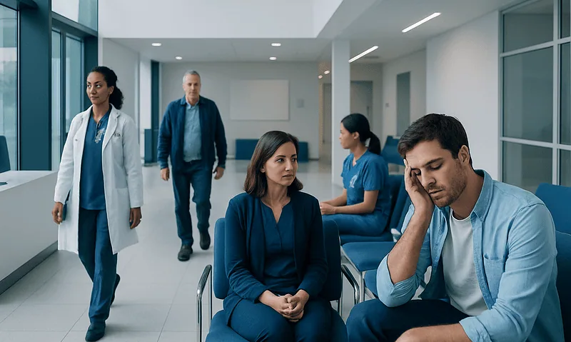Patients waiting in a hospital corridor with medical staff nearby.