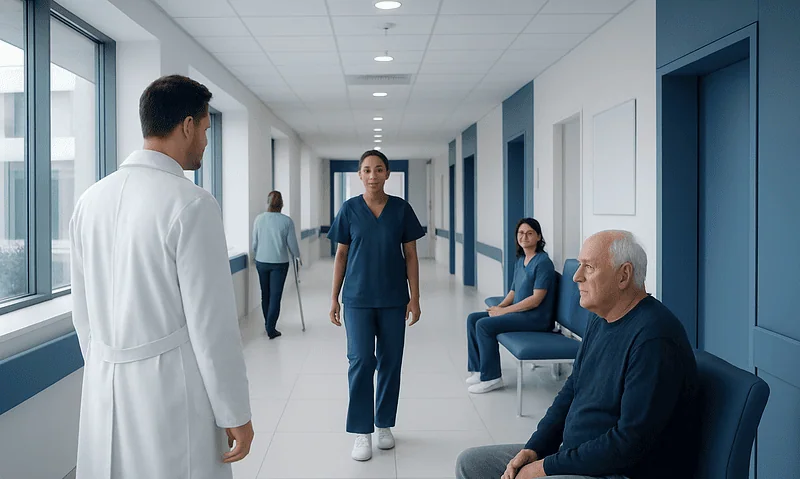 Medical team consulting with patient in hospital corridor.