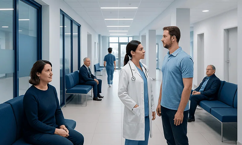 Doctor consulting with a patient in a hospital corridor.