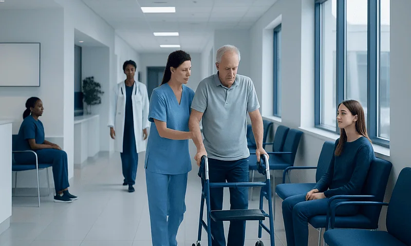 Elderly patient with walker receiving assistance in hospital corridor.