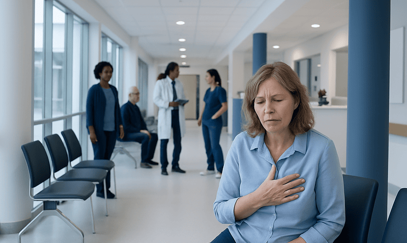 Woman experiencing chest pain in a hospital corridor with medical staff nearby.