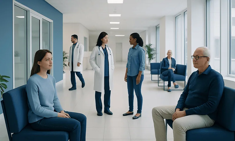 Patients and doctors in a modern hospital corridor.