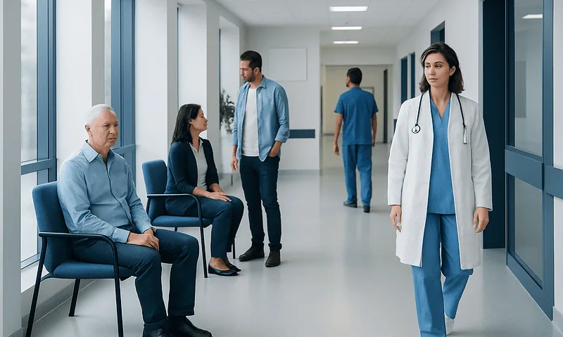 Medical professionals and patient in a hospital corridor.