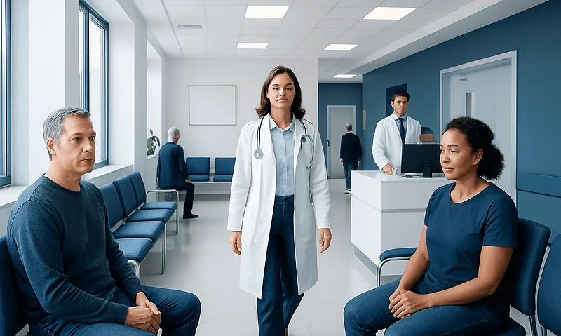 Doctor consulting with patients in a hospital waiting area.