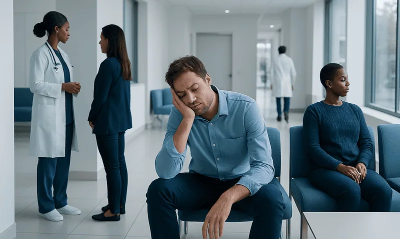 Patient experiencing daytime sleepiness in a hospital waiting area.