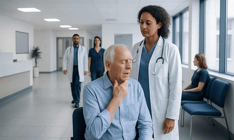 Doctor examines elderly patient with swallowing issues in hospital setting.