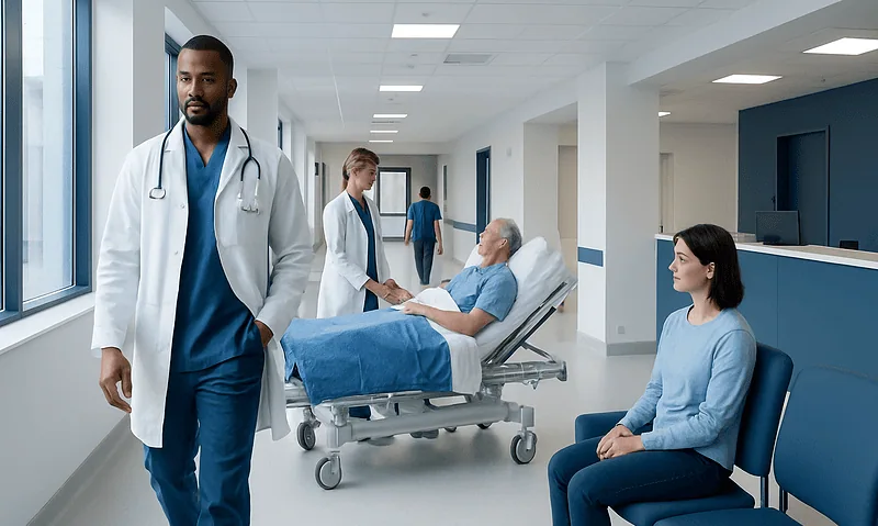 Medical team consulting with patient in hospital corridor.