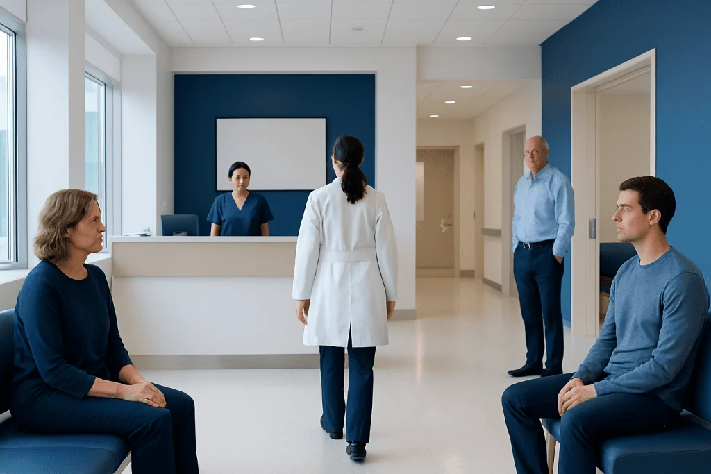 Autoimmune Autonomic Neuropathy: Fainting, Digestive Changes, and Neuroimmunology Testing 1 Medical consultation in a hospital waiting area with patients and staff.