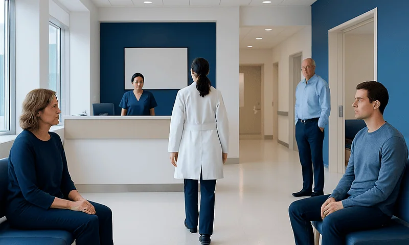 Medical consultation in a hospital waiting area with patients and staff.