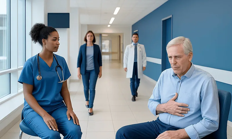Patient experiencing nerve pain after shingles in a hospital corridor.