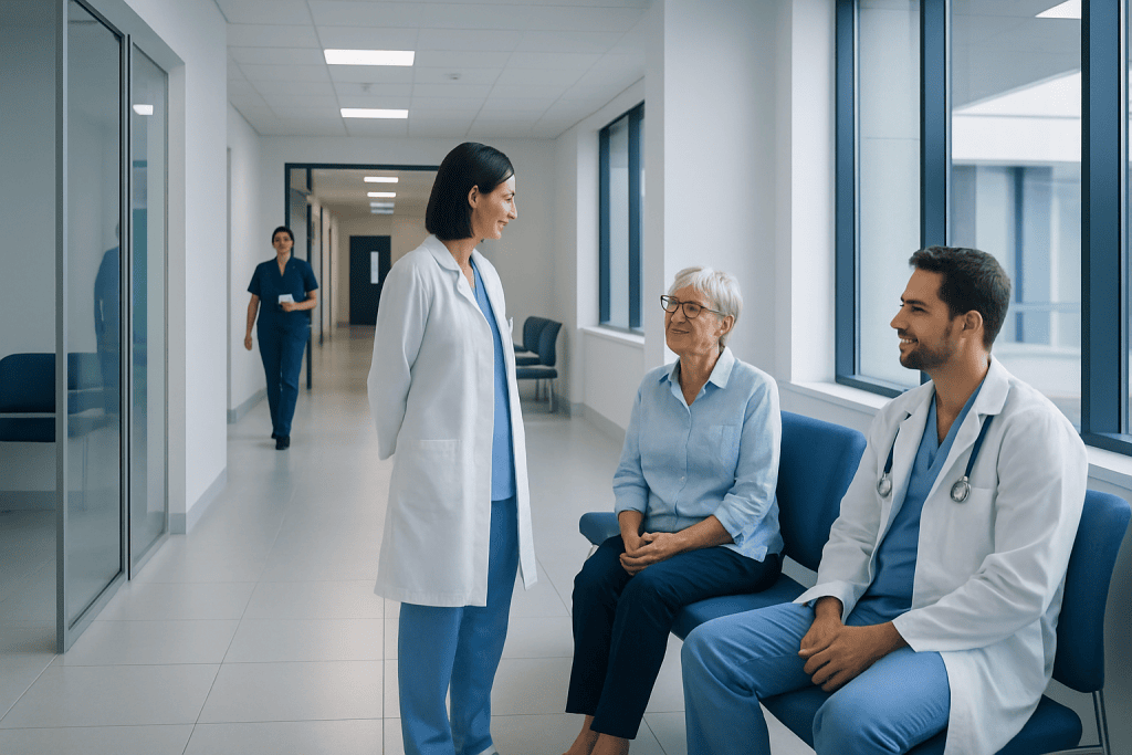 Muscle Cramps, Weakness, and Numbness: When Nerve Testing Is Needed 1 Medical team consulting with elderly patient in hospital corridor.