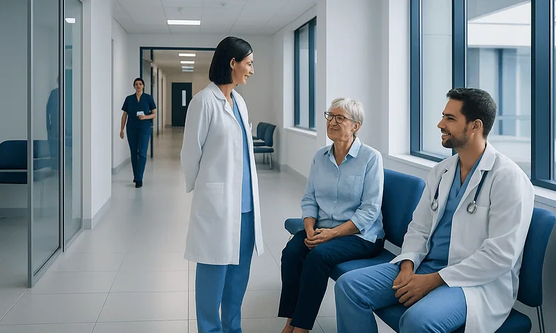 Medical team consulting with elderly patient in hospital corridor.