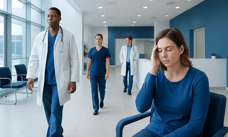 Patient experiencing headache in hospital corridor with medical staff nearby.
