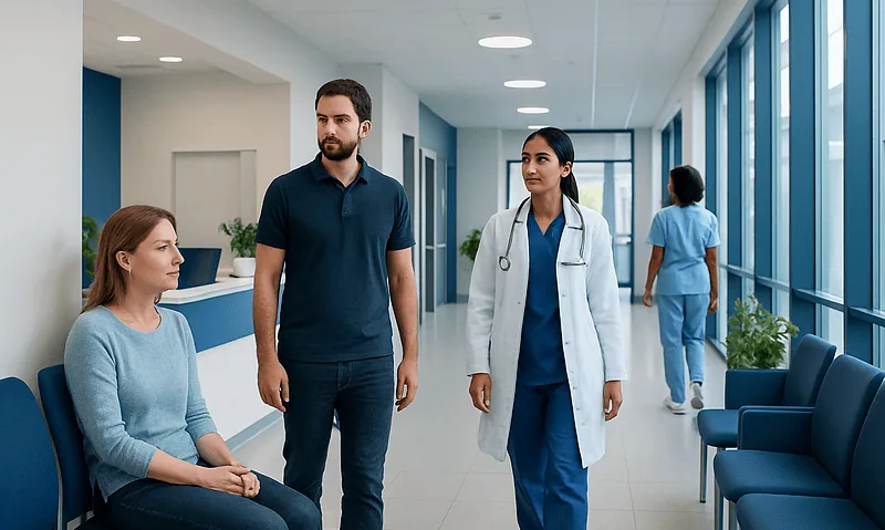 Patients and medical staff in a modern hospital corridor.