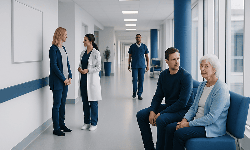 Medical consultation in hospital corridor with healthcare professionals and patient.