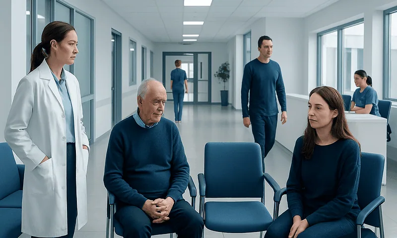 Medical consultation in a hospital corridor with doctors and patients.