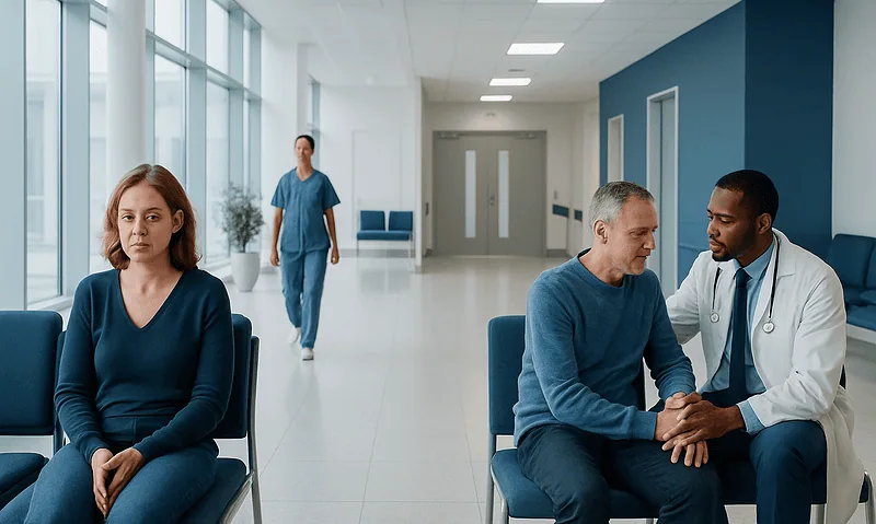 Patient waiting in hospital corridor with doctor consulting patient.