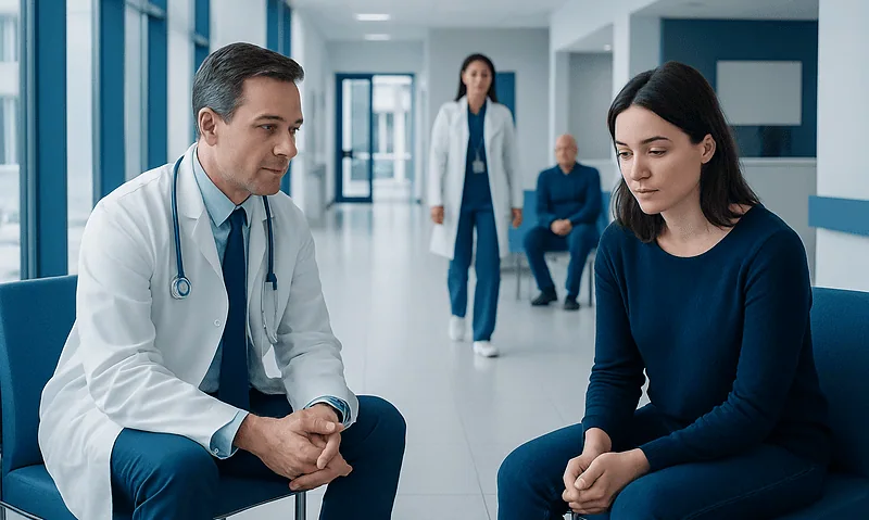 Doctor consulting a young woman in a hospital corridor.