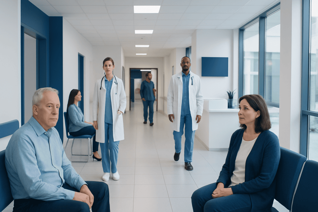 Binocular Vision Problems: When Eye Strain May Need Neuro-Ophthalmology Care 1 Medical professionals and patients in a hospital corridor.