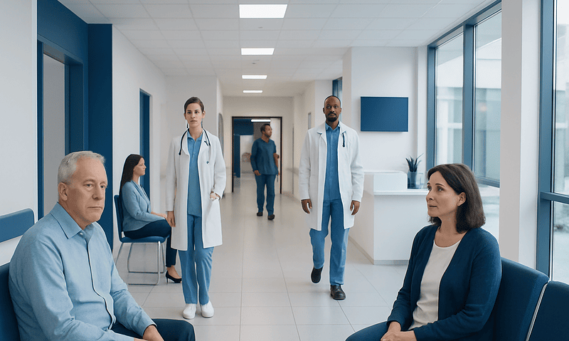Medical professionals and patients in a hospital corridor.