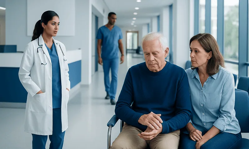Doctor consulting with elderly patient and caregiver in hospital corridor.