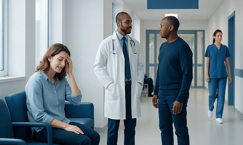 Patient experiencing fainting symptoms in a hospital corridor with medical staff nearby.