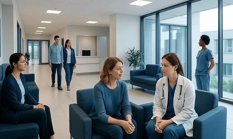 Medical consultation in a modern hospital waiting area with healthcare professionals and patients.