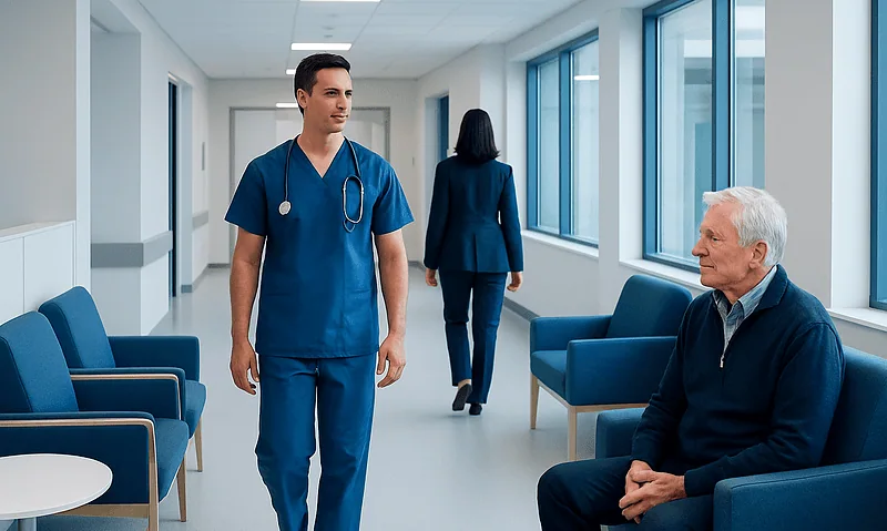 Healthcare professional and patient in hospital corridor with large windows.