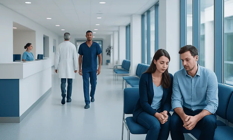 Patients waiting in a modern hospital corridor with medical staff nearby.