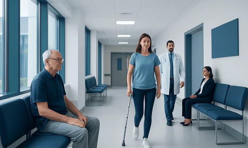 Young woman with crutches in a hospital corridor with medical staff and patient.