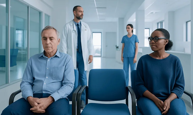 Transient Vision Loss: When Brief Blindness Could Signal a Stroke Risk 4 Patients waiting in a hospital corridor with medical staff nearby.