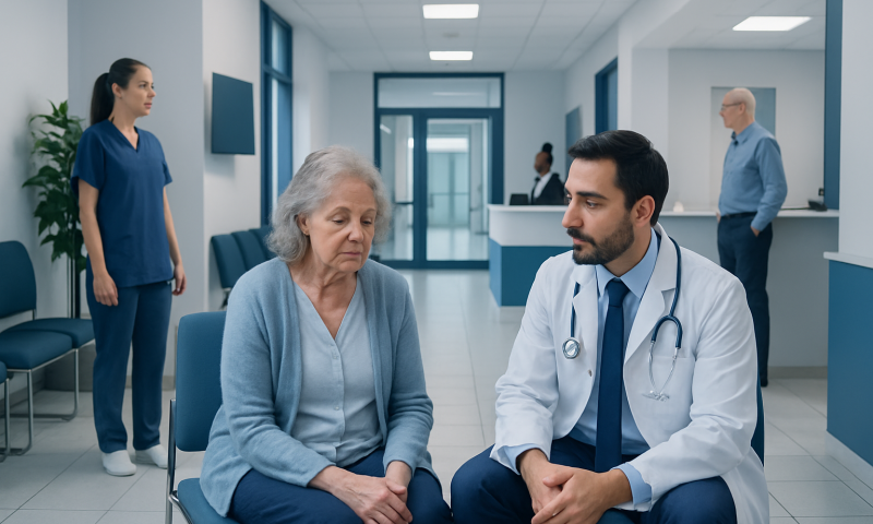 Doctor consulting elderly woman in hospital corridor.