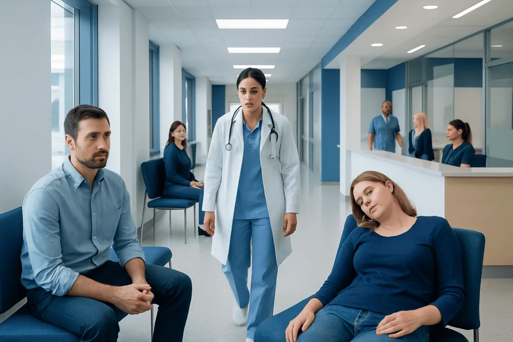 Recurring Fainting Spells: How Neurophysiology Testing Can Help Find the Cause 1 Patients waiting in a hospital corridor with a healthcare professional present.