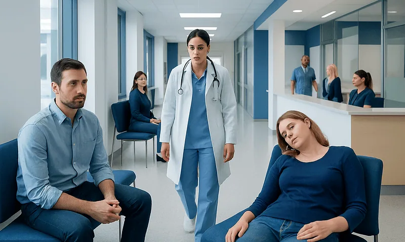 Patients waiting in a hospital corridor with a healthcare professional present.