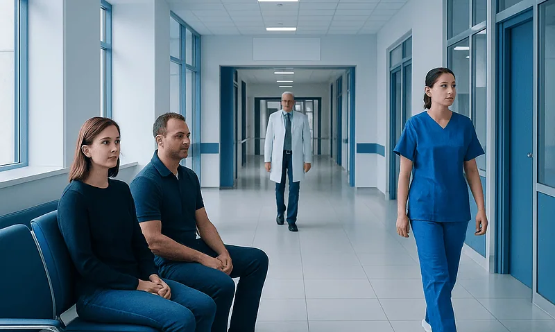 Medical professionals in a hospital corridor with patients and staff.