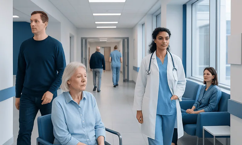 Hospital corridor with patients and medical staff in a healthcare setting.