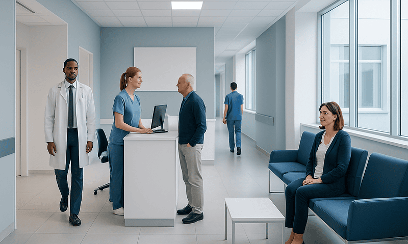 Hospital waiting area with medical staff and patient in a modern clinic.