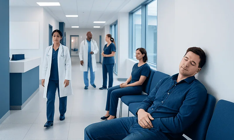 Patient waiting in hospital corridor with medical staff nearby.