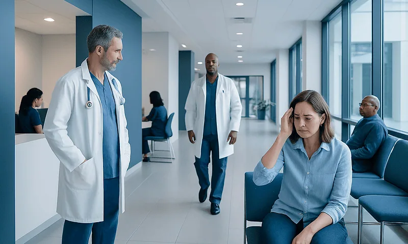 Patient experiencing headache symptoms in a hospital waiting area.