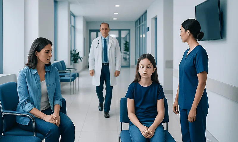 Child undergoing EEG evaluation in a hospital setting with medical staff and parent present.
