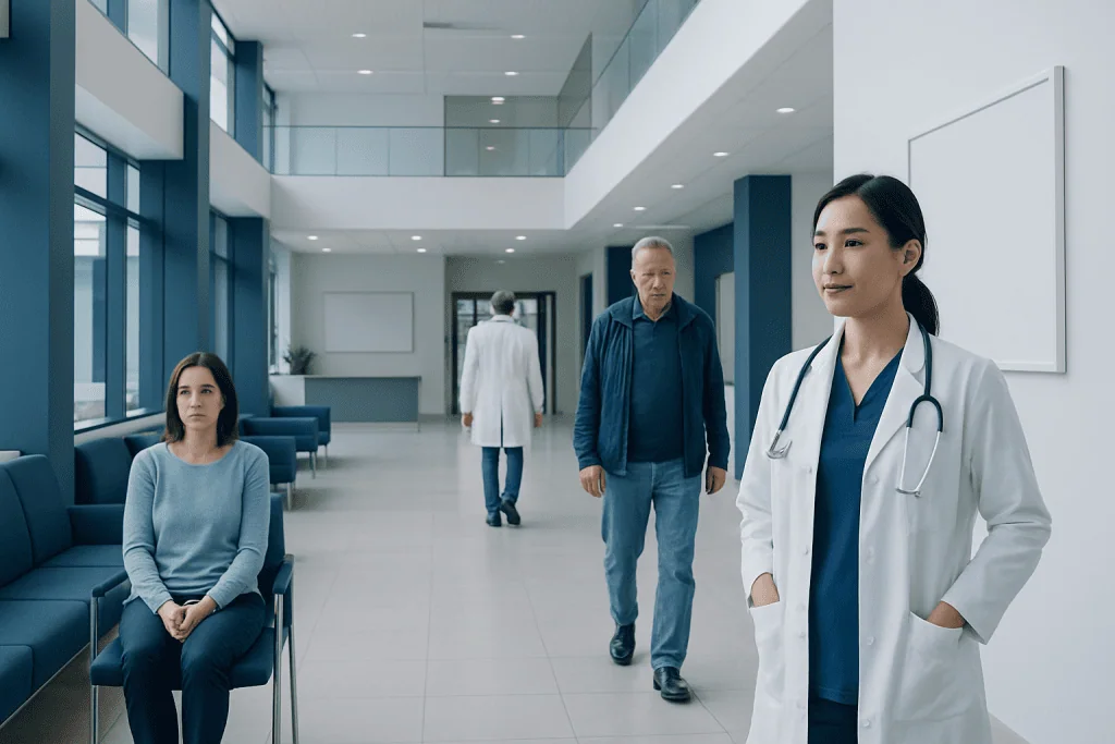 Coronary Artery Bypass Surgery Risks for Smokers: Why Quitting Matters 1 Medical professionals and patients in a modern hospital corridor.