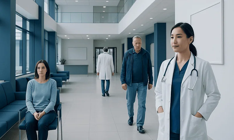 Medical professionals and patients in a modern hospital corridor.