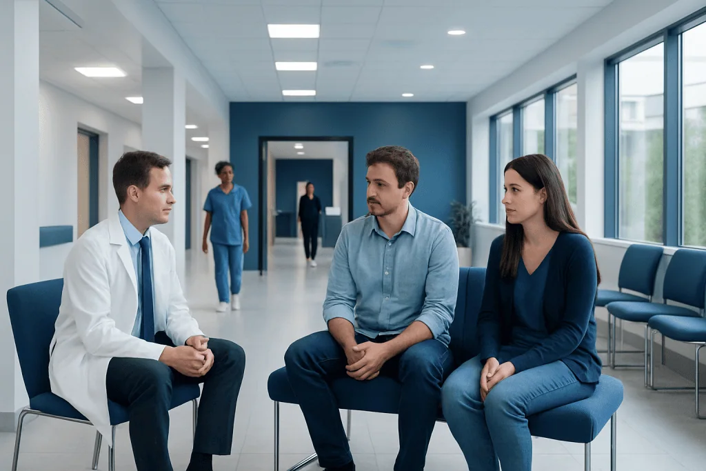 Huntington’s Disease Family Planning: Reproductive Options Before Pregnancy 1 Doctor consulting with a couple in a hospital corridor.