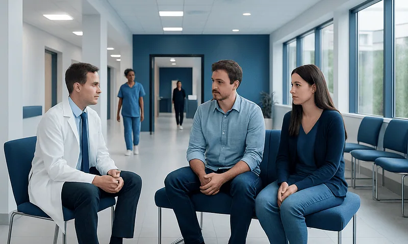 Doctor consulting with a couple in a hospital corridor.