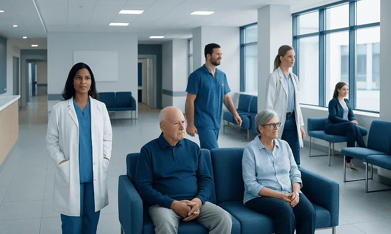 Medical team and patients in a hospital waiting area.