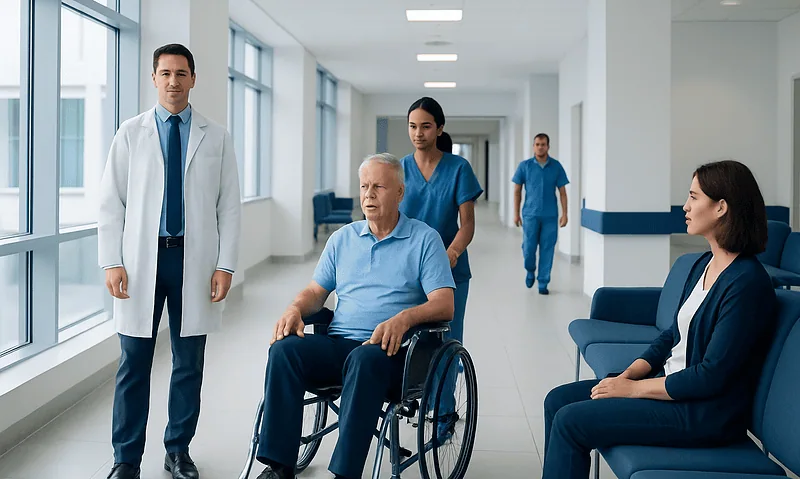Medical team consulting with patient in hospital corridor.