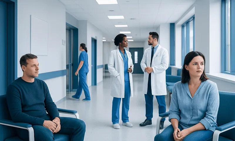 Patients waiting in a hospital corridor with medical staff talking in the background.