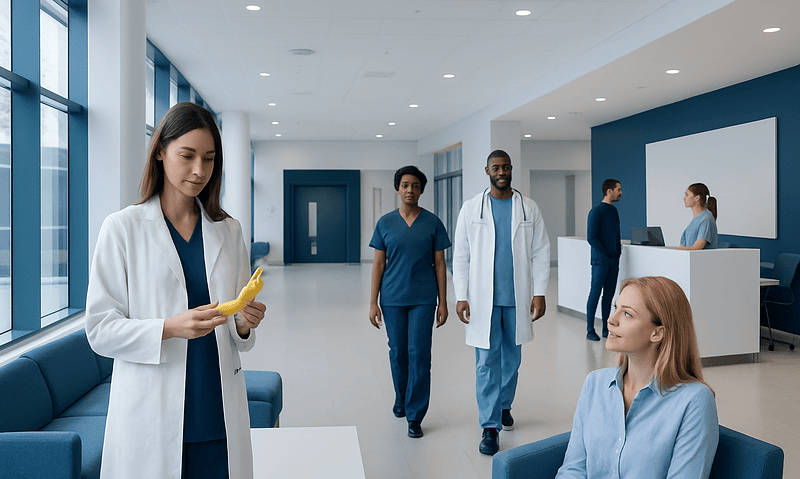 Medical staff in hospital lobby with patient and staff in background.