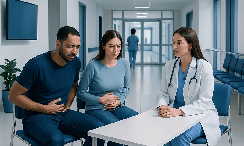 Patients consulting a doctor in a hospital corridor about stomach issues.